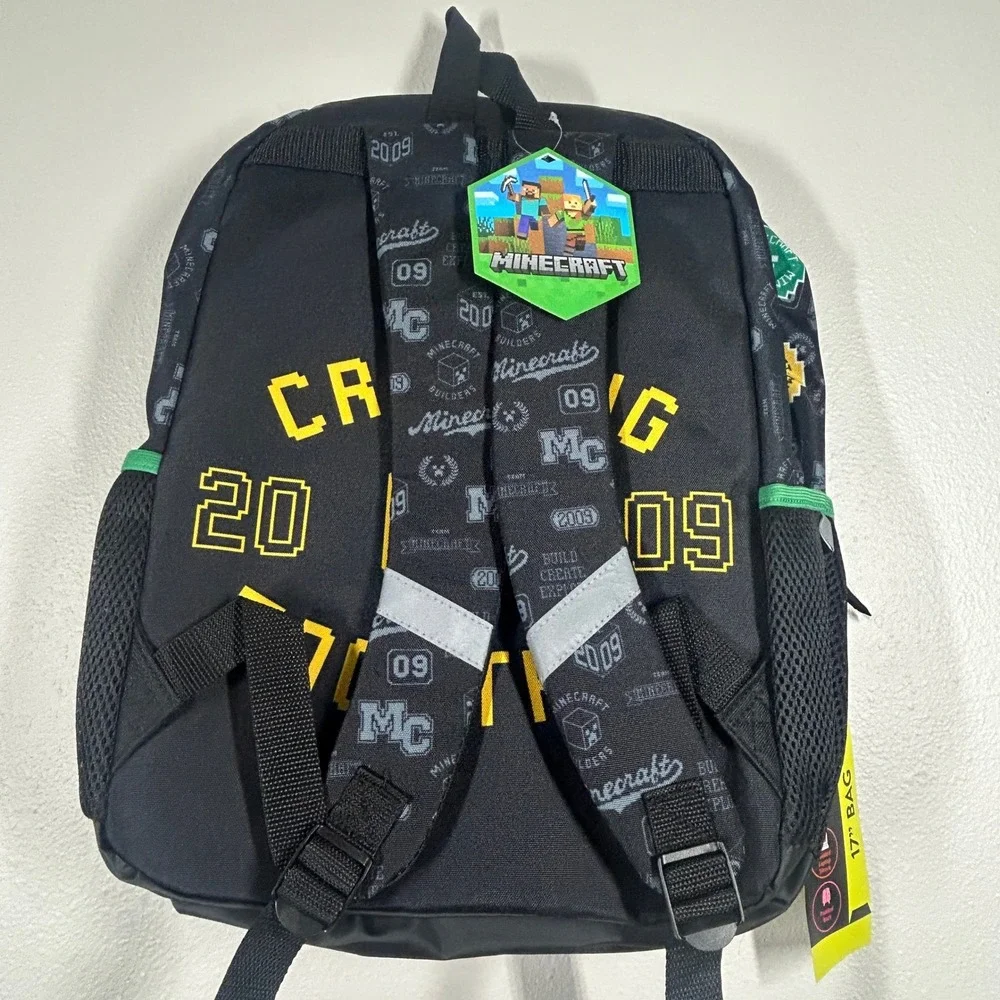Minecraft Creeper Varsity 17 Inch Backpack Green Black Padded Laptop Sleeve NWT